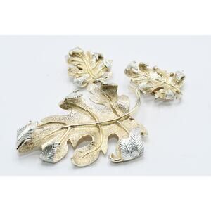 Vintage Sarah Coventry Windfall Oak Leaf Brooch Earrings Set Gold Silver 1962